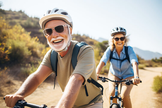 An elderly couple with a smile on their face rides a bicycle along a picturesque path