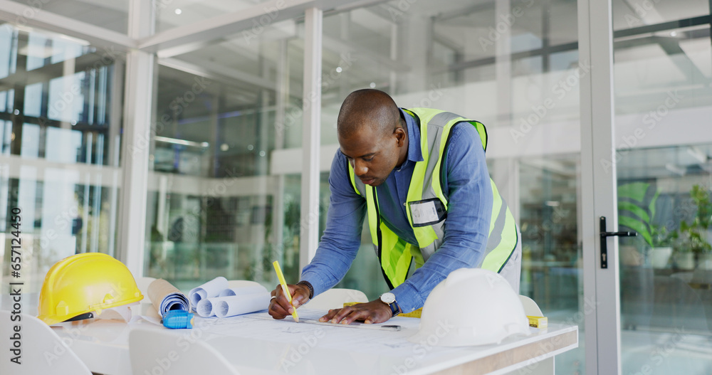 Poster black man, architect and drawing blueprint for construction job, engineering and design with develop