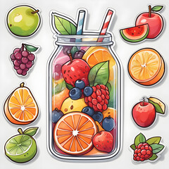 Cute 2d mixed fruit stickers, vector illustration