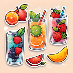Cute 2d mixed fruit stickers, vector illustration