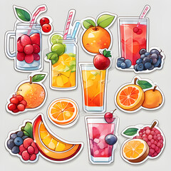 Cute 2d mixed fruit stickers, vector illustration