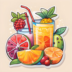 Cute 2d mixed fruit stickers, vector illustration