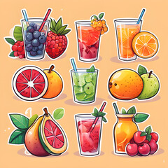 Cute 2d mixed fruit stickers, vector illustration
