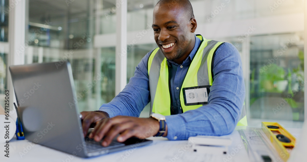 Poster laptop, design and a black man construction worker in an office for planning a building project. com