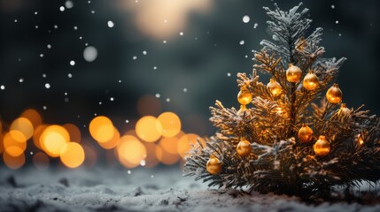 Winter Christmas trees and pine trees in bright decorative lights of garlands and bokeh. New Year background with copy space.
