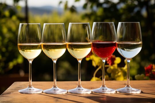 a selection of red and white wines in wine glasses