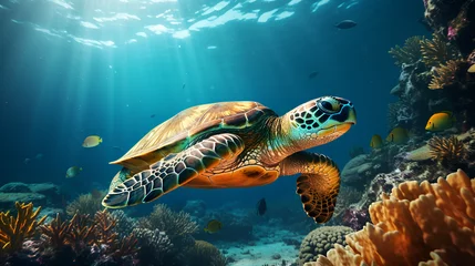Fotobehang  turtle is happy to be alive and enjoying swimming over the tropical warm deep blue ocean is the perfect habitat for this relaxed little creature generative with ai © Hamida