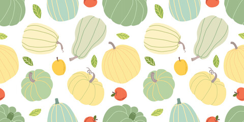 Pumpkin harvesting seamless pattern. Colorful harvest illustration. Used for paper, cover, gift wrap, fabric. Vector illustration. Autumn seamless patterns.