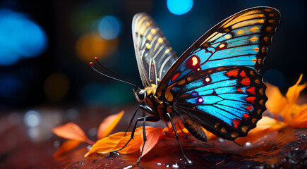 Colorful beautiful butterfly with blue wings close-up. 