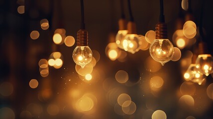 Light bulbs with warm yellow light on abstract blurred background. Generative AI - obrazy, fototapety, plakaty