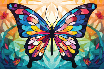 Fototapeta na wymiar Bright motley butterfly vector in stained glass style