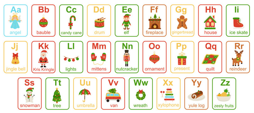 Christmas alphabet flash cards for preschool learning. Cartoon abc vector.