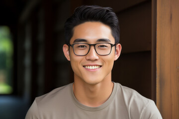 Fototapeta na wymiar A portrait of a young Asian man with short black hair and glasses, smiling