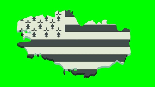 Animation of appearance and disappearance of the 3D map of Brittany in the colors of Gwenn-ha-du flag on a blue background, green background, transparency and white background in flat design style
