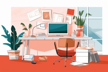 Home office station for workday and study. Work at home, telecommuting and online communication concept illustration, Generative AI