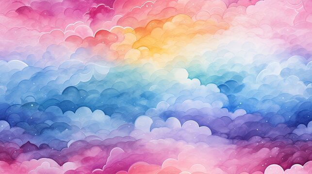Bright colorful clouds in watercolor style. Drawing of lush clouds in pink and purple colors. Generative AI.