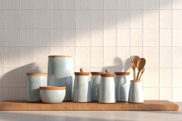 Fototapeta na wymiar Front view kitchen with marble kitchen countertop and various jars, carafe and wooden spoon sets on it under warm morning sunshine, alternating white tiled wall, 3d, Generative AI