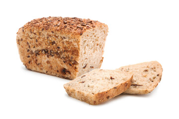 Freshly baked craft bread with cereals. Half a loaf and slices.