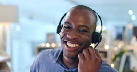 Happy black man, portrait and call center in customer service, support or telemarketing with...