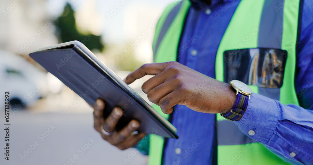 Aufkleber hands, tablet and person in construction or architect working on floor plan, inspection and maintena
