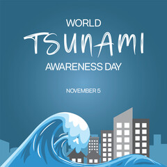 World Tsunami Awareness Day design with big tsunami wave struck the town coast. Vector illustration - obrazy, fototapety, plakaty