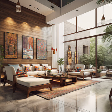 ambience image of a modern indian living room with full focus on floor tiles