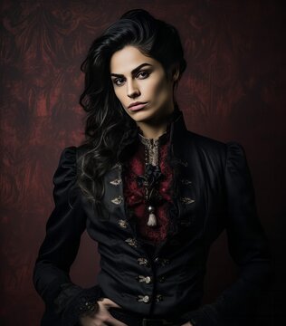 Brunette Woman in Vintage Black Satin Jacket, Edgy Expression, History Punk Lady