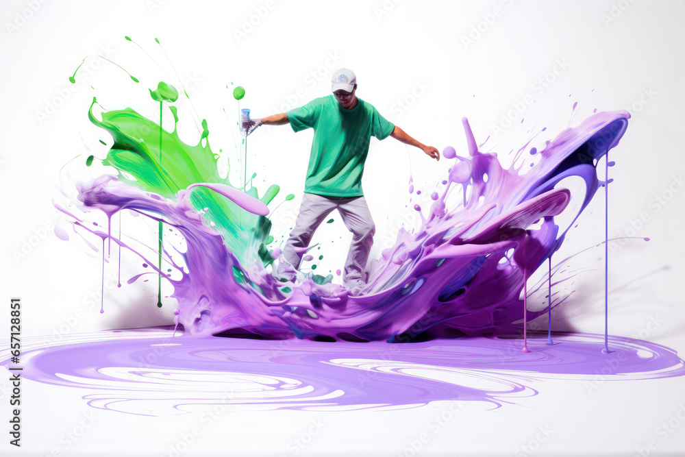 Poster dynamic fusion: illustration of people in harmonious motion with abstract liquid forms