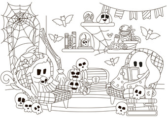 Halloween cozy indoor interior of room with ghost characters sitting in armchairs and reading books coloring page