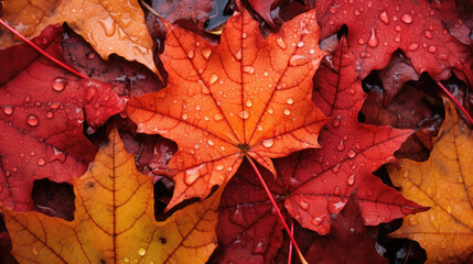 Nostalgic Fall Beauty: Close-Up of Vibrant Canadian Maple Leaves, Fine Veins & Water Droplets, Warm & Beautiful Colors. 