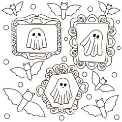 Halloween cozy coloring page with ghost family portrait in frames for kids and adults