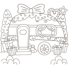Christmas coloring page with camping vehicle with christmas decoration and christmas tree