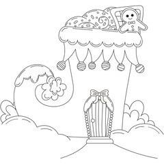 Christmas coloring page with elf boot house with gingerbread man, sweets and christmas wreath for kids and adults