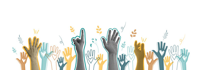 Raised hands. Volunteering, teamwork concert. - obrazy, fototapety, plakaty