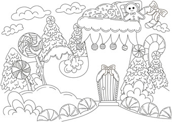 Christmas elf boot house with chritmas sweets and gingerbread man and lollipops coloring page for kids and adults