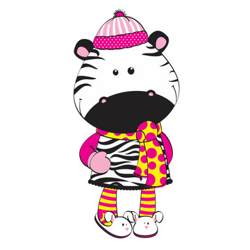 cute zebra with warm clothes, scarf, slippers and cap, colorful, the little zebra is beautiful. Background transparent