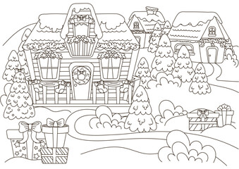 Christmas village coloring page for kids and adults with gifts and christmas tree and wreath