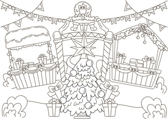 Christmas town fair with christmas tree and gifts coloring page for kids and adults