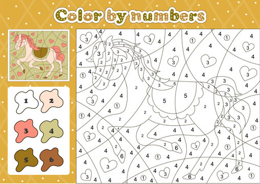 Fairy tale themed coloring page by number for kids with cute horse character