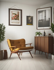 Poster frame mockup in home interior with old retro furniture, 3d render