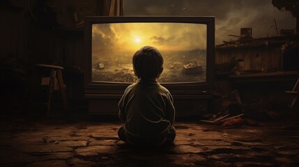 A child looking at the TV screen in the house - obrazy, fototapety, plakaty