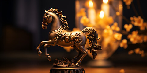 Aport Presents Horse Tableware Antique Showpiece Golden hose Statue Idol For Table with candle and flowers in black background Ai Generative - obrazy, fototapety, plakaty