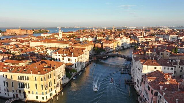 Aerial view of Venice city skyline at sunrise, Ponte dell'Accademia and Grand Canal, Italy