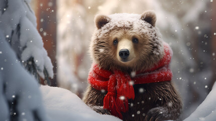 A cute brown grizzly bear with a Christmas red scarf against the backdrop of a fabulous snowy forest with copy space. Cartoon illustration 3d. Christmas card. - obrazy, fototapety, plakaty