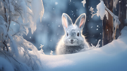  White hare on the background of a winter, snowy forest with bokeh and copy space. Wild animals in winter. Christmas card. - obrazy, fototapety, plakaty
