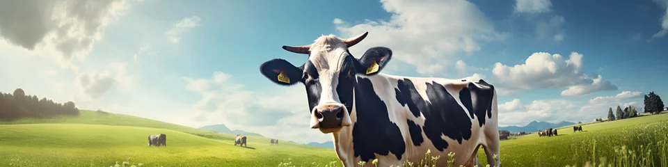 Rolgordijnen Banner spotted black and white cow looks into the camera on a green meadow with flowers under a blue sky on a sunny summer day. Copy space. Organic dairy product concept © Tetiana