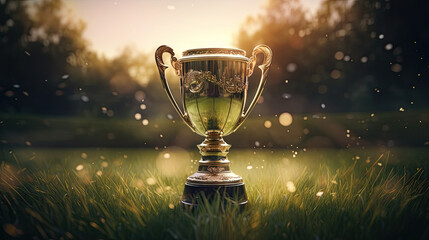 a trophy, golden on green lawn at night, light shining through a soccer trophy in the grass