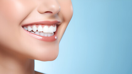 Close - up cropped of a beautiful smiling  woman with white perfect teeth isolated on blue studio background with copy space. Dental care. Stomatology. Dentistry concept.