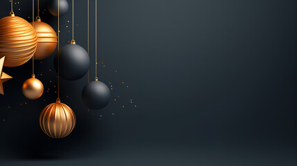 Christmas and New Year minimalistic background. Golden and black Glass Balls hanging on ribbon on black background with copy space for text. The concept of Christmas and New Year holidays - Powered by Adobe