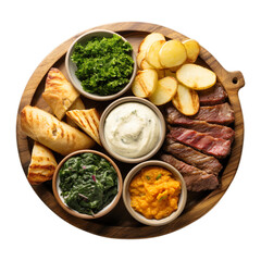 Top View of Rustic Timberland Tapas Food on a wooden platter isolated on transparent background.